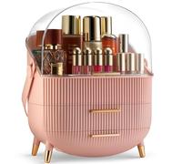 Covered Makeup Organizer - Trendy Oval Shape Skin Care Cosmetic Storage Holder - Clear Lid, Storage Drawers, Carry Handle - Cute Stylish Decor Solution (Pink)