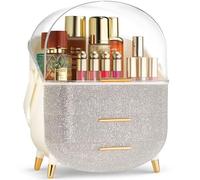 Covered Makeup Organizer - Trendy Oval Shape Skin Care Cosmetic Storage Holder - Clear Lid, Storage Drawers, Carry Handle - Cute Stylish Decor Solution (Diamond)