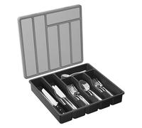 Covered Utensil Tray with Lid | Silverware Organizer for Kitchen Drawer and Countertops | Plast-ic Cutlery and Flatware Storage Box for Spoons Forks Knives Holder Case, 6 Compartments