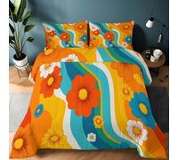 Coverless Dreamy Floral Wavy Line Pattern Print Duvet & Pillowcase Set - Supersoft Stylish 7.5 Tog Bed Quilt - Reversible Designs - All Year Round Comfort No Cover Needed, 135 x 200 cm, Orange Color