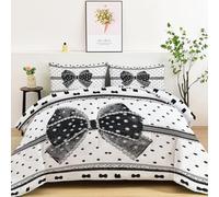 Coverless Duvet 135 x 200 cm, Black Print Reversible Down Alternative Comforter for All Seasons with 2 Pillowcases, Cute Pearls Bow Microfiber Soft Warm Bed Quilt for Boys Girls Teens