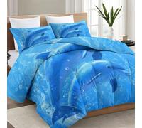 Coverless Duvet 135 x 200 cm, Blue Waves Bubbles Print Reversible Down Alternative Comforter for All Seasons, 3D Marine Animals Dolphins Microfiber Soft Warm Bed Quilt for Kids Boys Girls