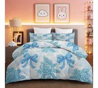 Coverless Duvet Blue Exquisite Elegant Floral Bow Coverless Duvet Double Microfiber Quilted Bedspreads Lightweight Bedspreads All Seasons Comforter+2 Pillowcases(50x75cm) 260 x 220 cm