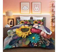 Coverless Duvet, Colorful Sunflowers Plant Leaves Print Reversible Down Alternative Comforter for All Seasons, Watercolor Geometric Pearl Floral Microfiber Soft Warm Bed Quilt for Boys Girls Teens
