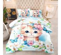 Coverless Duvet Double Blue Cat Insects Coverless Duvet Kids Microfiber Comforter Double Bed Lightweight Quilted Bedspread All Seasons Quilted Bed Throw+2 Pillowcases(50x75cm) 200x200cm