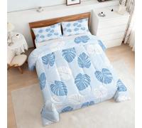 Coverless Duvet Double Blue Leaves Pattern, Bedroom Decor, Gift, Tropical Leaf Bedding Comforter Set 3 Piece, 2 Pillowcases, Soft All Season Quilt 10.5 Tog - S&E1967