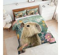 Coverless Duvet Double Capybara Pattern, Bedroom Decor, Gift, Cartoon Cute Bedding Comforter Set 3 Piece, 2 Pillowcases, Soft All Season Quilt 10.5 Tog - S&E1653