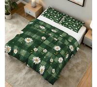 Coverless Duvet Double Daisy Pattern, Bedroom Decor, Gift, Green Floral Gingham Bedding Comforter Set 3 Piece, 2 Pillowcases, Soft All Season Quilt 10.5 Tog - S&E3678