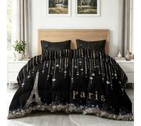 Coverless Duvet Double Eiffel Tower Gold Line Pattern Bedroom Decor, White-Gold French Light Luxury Bedding Comforter Set 3 Piece, 2 Pillowcases, Soft All Season Quilt 4.5 Tog
