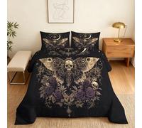 Coverless Duvet Double Gothic Pattern, Bedroom Decor, Gift, Death moth Celestial Moon Star Skull Bedding Comforter Set 3 Piece, 2 Pillowcases, Soft All Season Quilt 10.5 Tog - S&E202