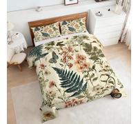 Coverless Duvet Double Green Botanical Pattern, Bedroom Decor, Gift, Floral Leaf Butterfly Bedding Comforter Set 3 Piece, 2 Pillowcases, Soft All Season Quilt 10.5 Tog - S&E1279