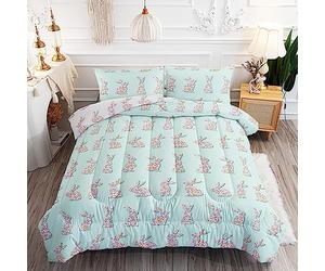 Coverless Duvet Double Green Rabbit Flower Comforter Microfiber Comforter Double Bed All Seasons Quilted Bed Throw Breathable Quilted Bedspreads Soft Coverless Duvets+2 Pillowcases(50x75) 228x228cm