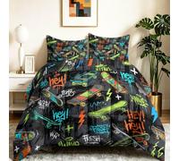 Coverless Duvet Double - Multicolor Duvet with 2 Pillowcase, Street Graffiti Print Soft Lightweight Comforter Set, Skateboard Text Warm Reversible Quilt 4.5 Tog for All Seasons, 200 x 200 cm