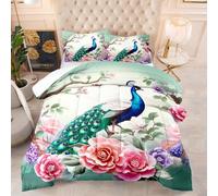 Coverless Duvet Double Peacock Green Pink Coverless Duvet Kids Microfiber Comforter Double Bed Lightweight Quilted Bedspread All Seasons Quilted Bed Throw+2 Pillowcases(50x75cm) 200x200cm