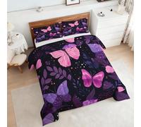 Coverless Duvet Double Purple Butterfly Pattern, Bedroom Decor, Gift, Leaf Butterflies Bedding Comforter Set 3 Piece, 2 Pillowcases, Soft All Season Quilt 10.5 Tog - S&E1669