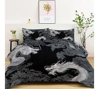 Coverless Duvet Double Size 10.5 Tog with 2 Pillowcases, Fantasy White Chinese Dragon Sketch Reversible Down Alternative Quilt for All Seasons, Anti-Allergy Machine Washable Bedding (200x200cm, Black)