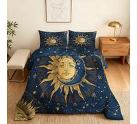 Coverless Duvet Double Sun Moon Star Pattern, Bedroom Decor, Gift, Blue Celestial Bedding Comforter Set 3 Piece, 2 Pillowcases, Soft All Season Quilt 10.5 Tog - S&E316
