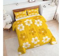 Coverless Duvet Double Yellow Floral Pattern, Bedroom Decor, Gift, 70s Groovy Retro Flower Bedding Comforter Set 3 Piece, 2 Pillowcases, Soft All Season Quilt 10.5 Tog - S&E2038
