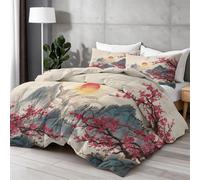 Coverless Duvet King - All-Year Round Breathable 2-in-1 Reversible Chinese Landscape Printed Double Quilt, Pillowcases Included, Non-Allergenic & Washable, Red Plum Blossoms, 230x220 cm