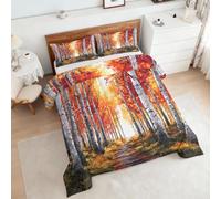 Coverless Duvet King Size Autumn Forest Pattern, Bedroom Decor, Gift, Fall Birch Tree Bedding Comforter Set 3 Piece, 2 Pillowcases, Soft All Season Quilt 10.5 Tog - S&E2096