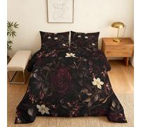 Coverless Duvet King Size Black Floral Pattern, Bedroom Decor, Gift, Gothic Rose Flower Bedding Comforter Set 3 Piece, 2 Pillowcases, Soft All Season Quilt 10.5 Tog - S&E799