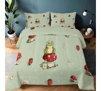 Coverless Duvet King Size, Cute Cartoon Frog Mushroom Reversible Soft Light Green Quilted Coverless Duvet Cosy and Lightweight Quilt Breathable Winter Duvets Quilted Throw for Beds