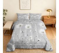 Coverless Duvet King Size Dandelion Floral Pattern, Bedroom Decor, Gift, Grey Flower Bedding Comforter Set 3 Piece, 2 Pillowcases, Soft All Season Quilt 10.5 Tog - S&E476