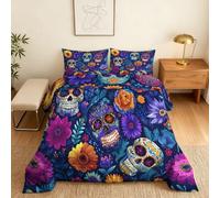 Coverless Duvet King Size Day of the Dead Pattern, Bedroom Decor, Gift, Mexican Sugar Skull Bedding Comforter Set 3 Piece, 2 Pillowcases, Soft All Season Quilt 10.5 Tog - S&E527