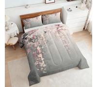 Coverless Duvet King Size Floral Pattern, Bedroom Decor, Gift, Gray Pink Flower Bedding Comforter Set 3 Piece, 2 Pillowcases, Soft All Season Quilt 10.5 Tog - S&E2639
