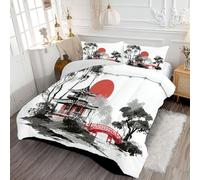 Coverless Duvet King Size for All Seasons, 7.5 Tog Ancient Temple Pattern Microfiber Stitched Comforter, Super Soft Machine Washable Japanese Style Architecture Bedding Set, 240x220cm, Black