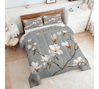 Coverless Duvet King Size Magnolia Floral Pattern, Bedroom Decor, Gift, White Gray Flower Bedding Comforter Set 3 Piece, 2 Pillowcases, Soft All Season Quilt 10.5 Tog - S&E2727