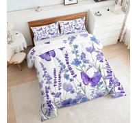 Coverless Duvet King Size Purple Floral Pattern, Bedroom Decor, Gift, Butterfly Lavender Flower Bedding Comforter Set 3 Piece, 2 Pillowcases, Soft All Season Quilt 10.5 Tog - S&E1886