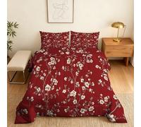 Coverless Duvet King Size Red Floral Pattern, Bedroom Decor, Gift, Burgundy Flower Bedding Comforter Set 3 Piece, 2 Pillowcases, Soft All Season Quilt 10.5 Tog - S&E639