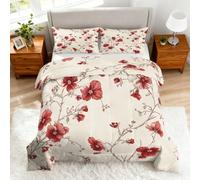 Coverless Duvet King Size Red Floral Pattern, Bedroom Decor, Gift, Flower Bedding Comforter Set 3 Piece, 2 Pillowcases, Soft All Season Quilt 10.5 Tog - S&E2901