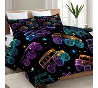 Coverless Duvet Queen, Cartoon Quilt Comforter Set 200x200cm with 2 Pillowcases, Lightweight Cute Neon Monster Truck Bedding for All Seasons, Machine Washable Bedspread, Black
