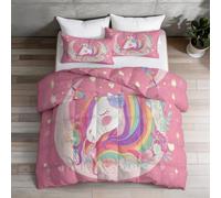 Coverless Duvet Set 4.5 Tog Down Alternative Comforter with 2 Shams, Fantasy Moon Animal Unicorn Bedding Quilt Sets for All Seasons, Machine Washable, 155 x 220 cm, Pink