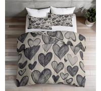 Coverless Duvet Set 4.5 Tog, Modern Minimalist Hand-Drawn Hearts Greige Reversible Comforter, Machine Washable, All-Season Bedding with 2 Shams for Boys' and Girls' Room, 155 x 220 cm