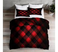 Coverless Duvet Set 7.5 Tog, 3D Classic Geometric Plaid Art Soft Comforter Duvets for All Seasons, Machine Washable, 155 x 220 cm Bedding Set with 2 Shams for Boys' and Girls' Room, Red And Black