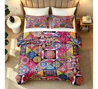 Coverless Duvet Set Double Boho Summer 7.5 Tog Printed Comforter Floral Geometry Washable Lightweight Quilt Bedding Set and 2 Pillowcases for Bedroom 1y150