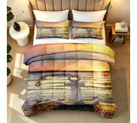 Coverless Duvet Set Double Nautical Style Summer 7.5 Tog Printed Comforter Beach Sunset Washable Lightweight Quilt Bedding Set and 2 Pillowcases for Bedroom 1y998