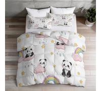 Coverless Duvet Set King Size Washable Reversible Bedding Comforter Duvet All Seasons, Animal Panda Rainbow Clouds White Pink, Lightweight and Warm, Bedspreads Quilted Throw for Babies