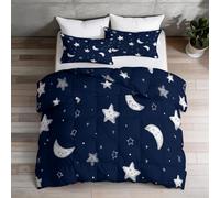 Coverless Duvet Set Single 7.5 Tog, Cartoon Minimalist Moon Stars Reversible Duvet 135 x 200 cm - Machine Washable, Dark Blue Soft Breathable Comforter Bedding Set for Adults and Children
