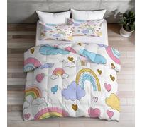 Coverless Duvet Set Single 7.5 Tog, Minimalist Cute Clouds Rainbow Love Heart Reversible Duvet 135 x 200 cm - Machine Washable, White Soft Breathable Comforter Bedding Set for Adults and Children