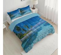 Coverless Duvet Set with 1 Pillowcases, 7.5 Tog Single Reversible Duvet with Naturally Palm Trees Pattern, Maldives Tropical Islands Lightweight Travel Quilt, Blue Machine Washable Comforter