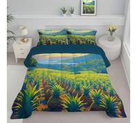 Coverless Duvet Set with 2 Pillowcases, 7.5 Tog Double Reversible Duvet with Hawaiian Pineapple Fields Pattern, Rural Lightweight Travel Quilt, Green Machine Washable Comforter