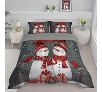 Coverless Duvet Set with 2 Pillowcases, 7.5 Tog King Reversible Duvet with Christmas Snowman Pattern, Snowflakes Birds Lightweight Travel Quilt, Grey Machine Washable Comforter