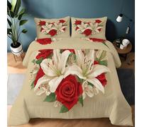 Coverless Duvet Single 10.5 Tog, Botanical Quilt with 2 Pillowcases | Soft Warm Microfibre Quilted 135 x 200cm, Red Rose White Lily Coverless Duvet, Comfortable All Seasons Washable Duvet