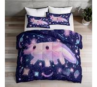 Coverless Duvet Single 135×200cm, Cute Axolotl Starry Sky Planets Bedspreads Quilt, Lightweight Cosy Bed Duvet Kids | Bedding Throw for All Seasons Summer Comforter, Pink Dark Blue