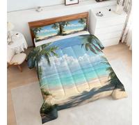 Coverless Duvet Single 3D Ocean Beach Pattern, Bedroom Decor, Gift, Tropical Palm Tree Bedding Comforter Set 2 Piece, 1 Pillowcase, Soft All Season Quilt 10.5 Tog - S&E1806