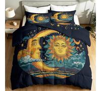 Coverless Duvet Single 4.5 Tog - Classical Tarot Astrology Boho Sun Moon Summer Breathable Comforter with 2 Pillowcases, 135 x 200 cm Lightweight and Cosy Quilt for All Season, Black